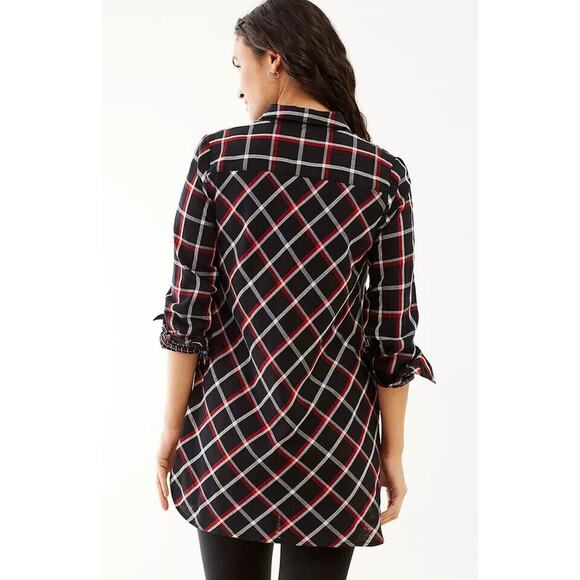 J. Jill Perfect Plaid Tunic Button Front Shirt Top Plus Size 2X Black Red Pocket - Picture 4 of 9